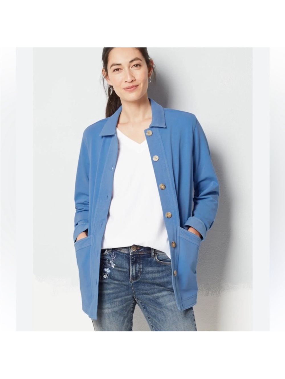 J Jill‎ Knit Modern Barn Jacket Size S Blue Buttons Pockets Casual Shacket Layer